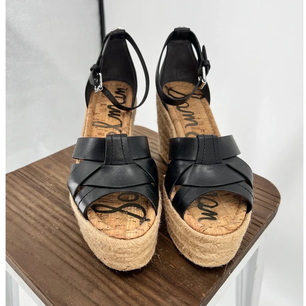 Sam Edelman Marietta Black Leather Espadrille Wedge Sandals Platform 8.5M